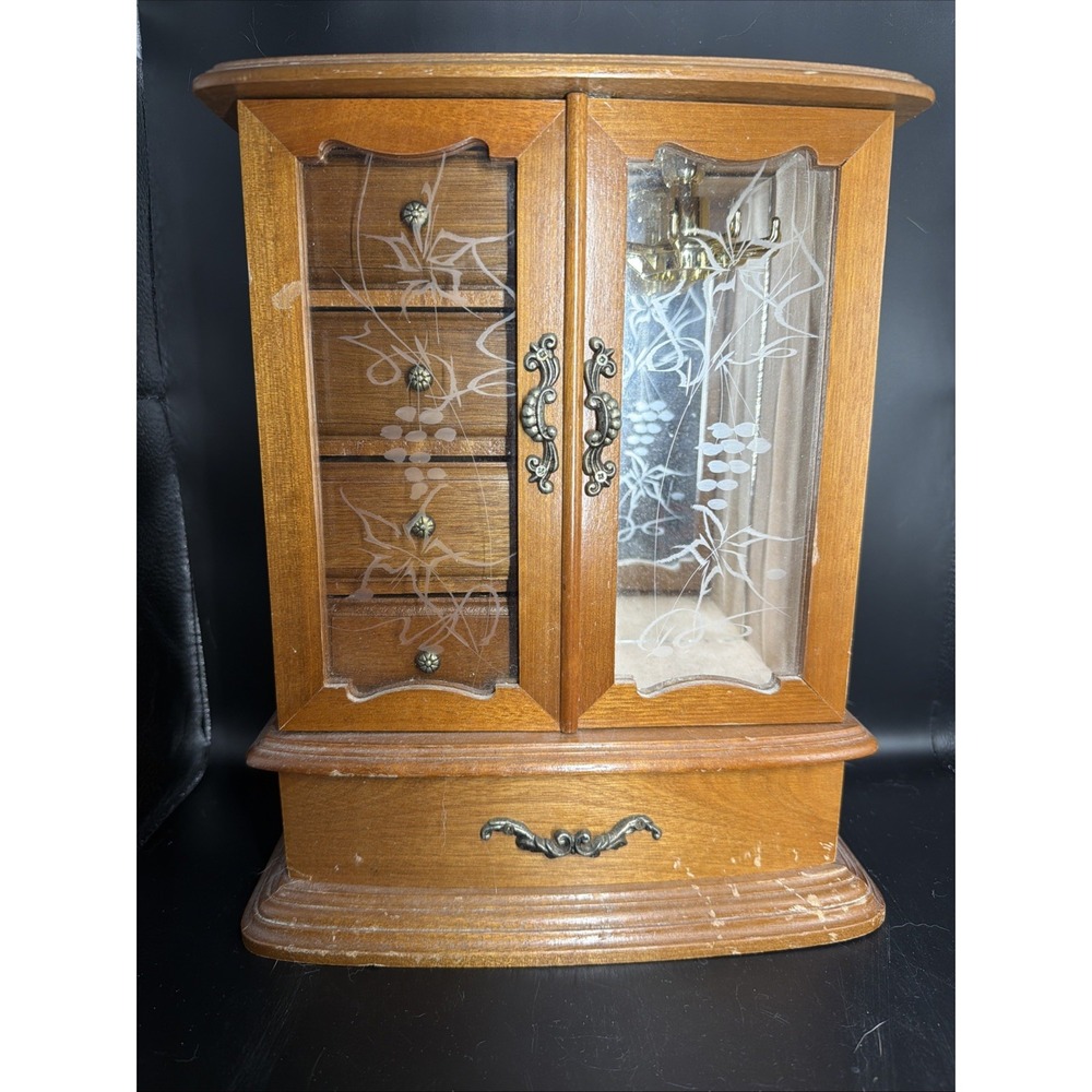 Musical Wooden Jewelry Amoire Drawer London Leather Etched Rare Vintage, READ